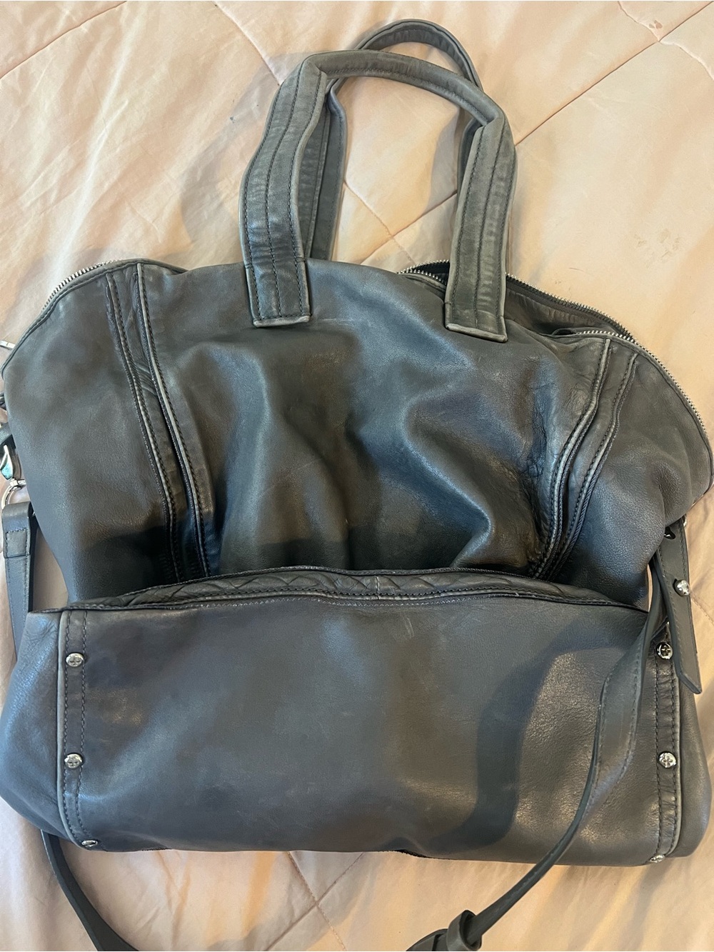 Classic Black Leather Duffel Bag with Adjustable Strap